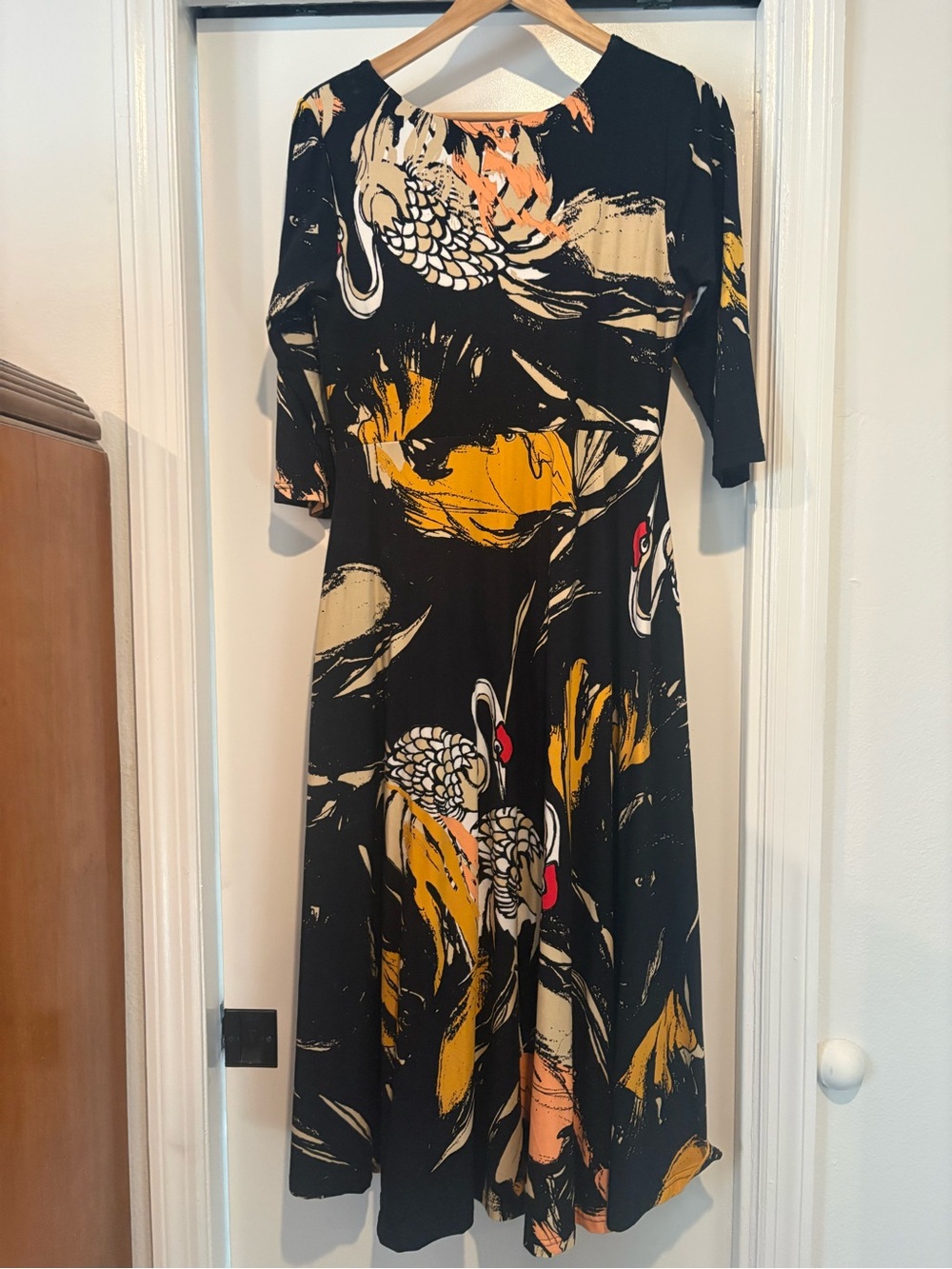 Bel Kazan Black Swan Print Midi Dress with Yellow Accents M